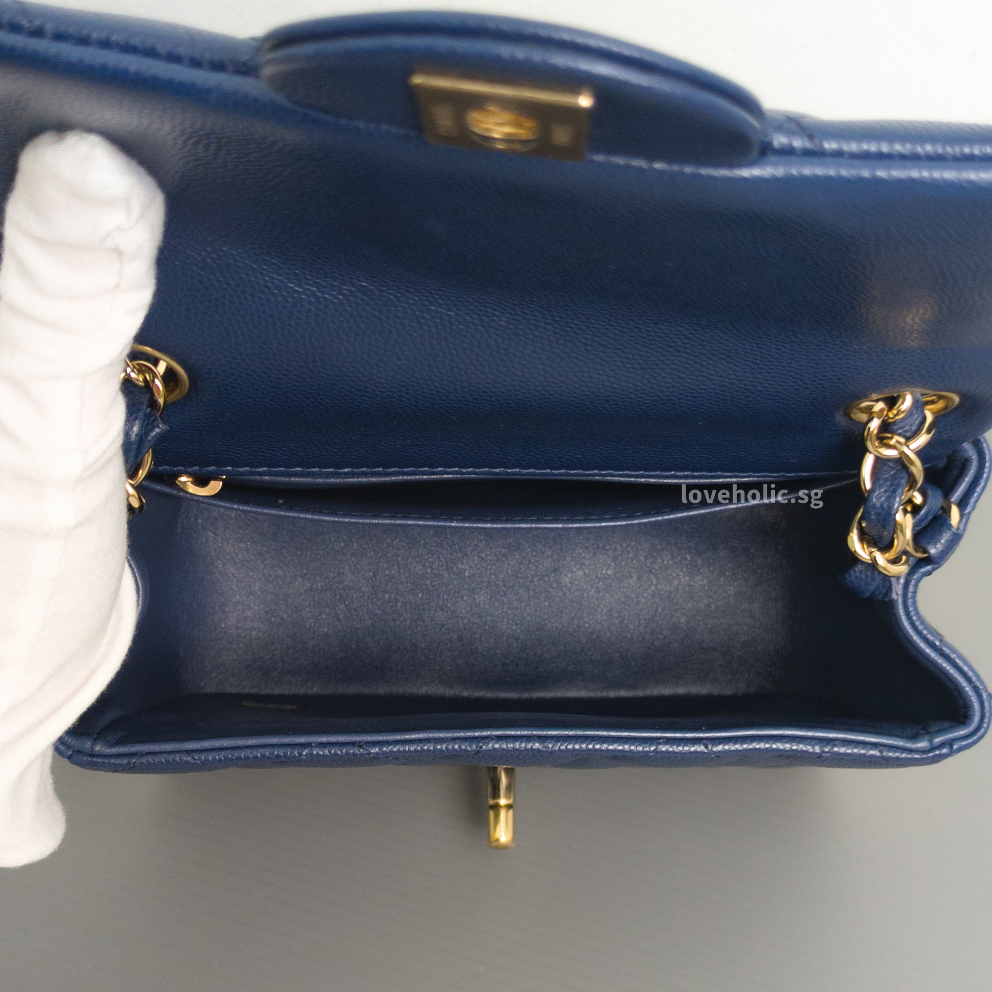 Chanel Classic Flap Mini Square | 17B Navy Blue  Caviar Light Gold Hardware-details