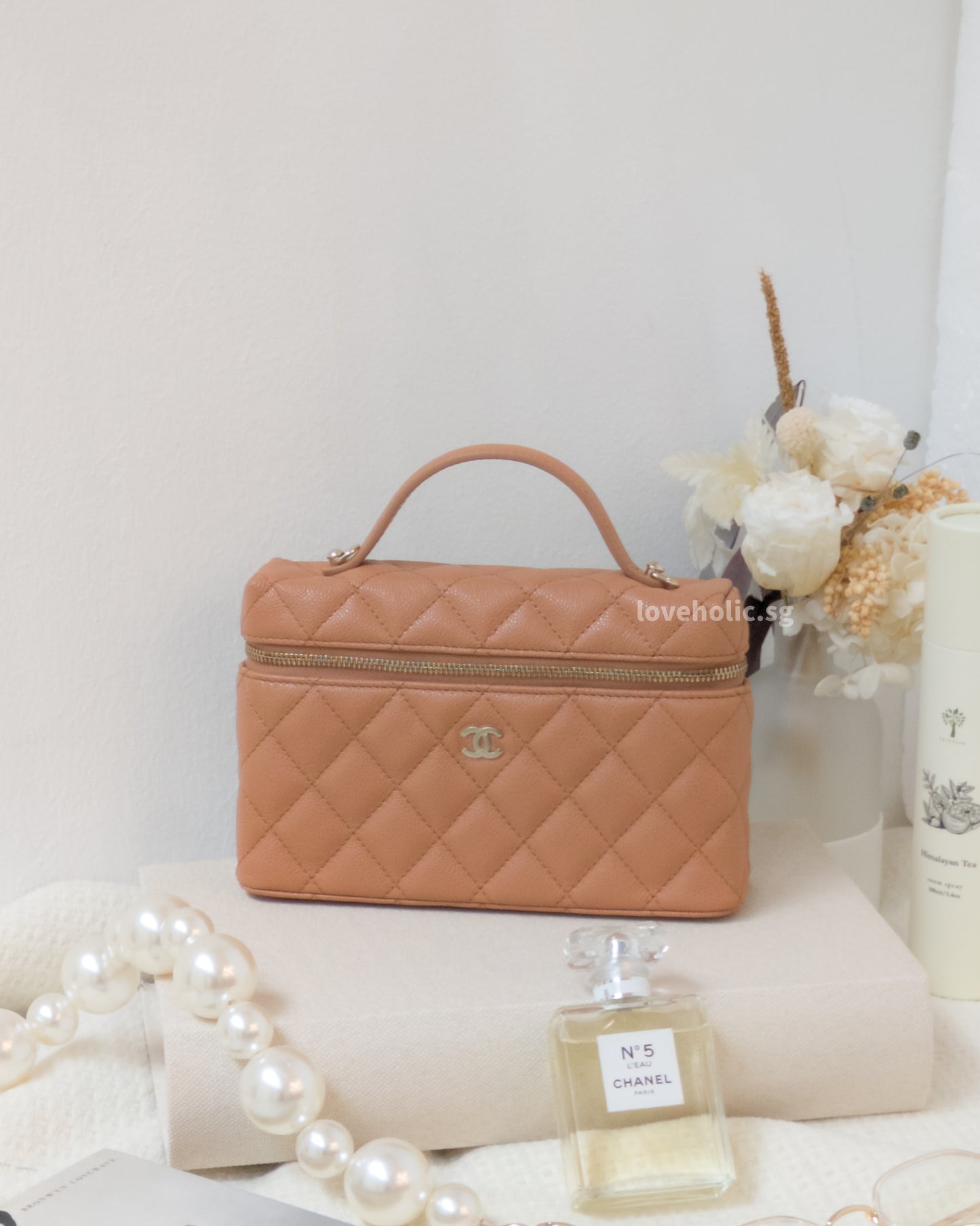 Chanel Top Handle Vanity On Chain LP | 25B Caramel Caviar Light Gold Hardware-front