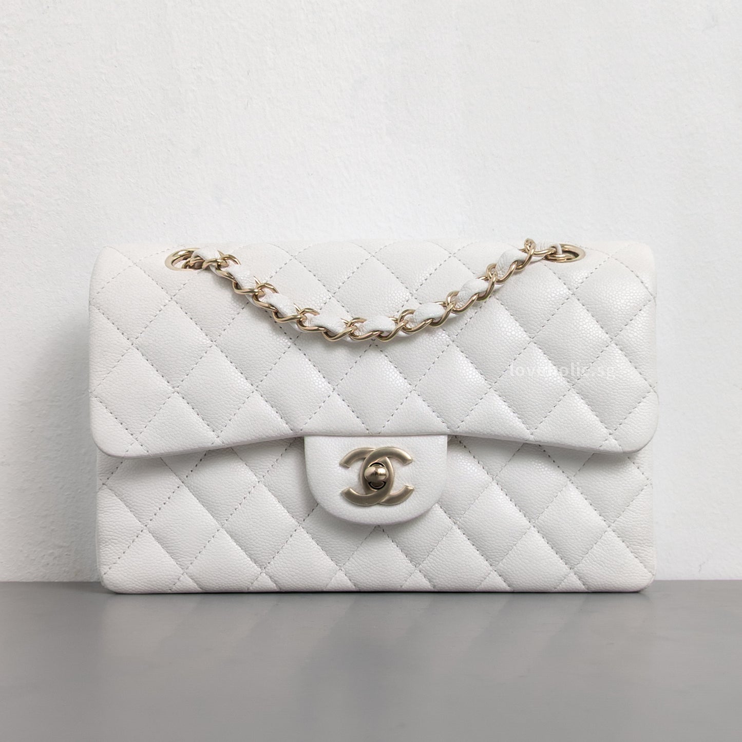 Classic Flap Small | White Caviar Light Gold Hardware
