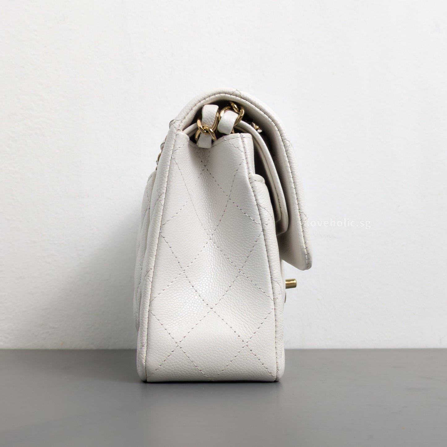Classic Flap Small | White Caviar Light Gold Hardware
