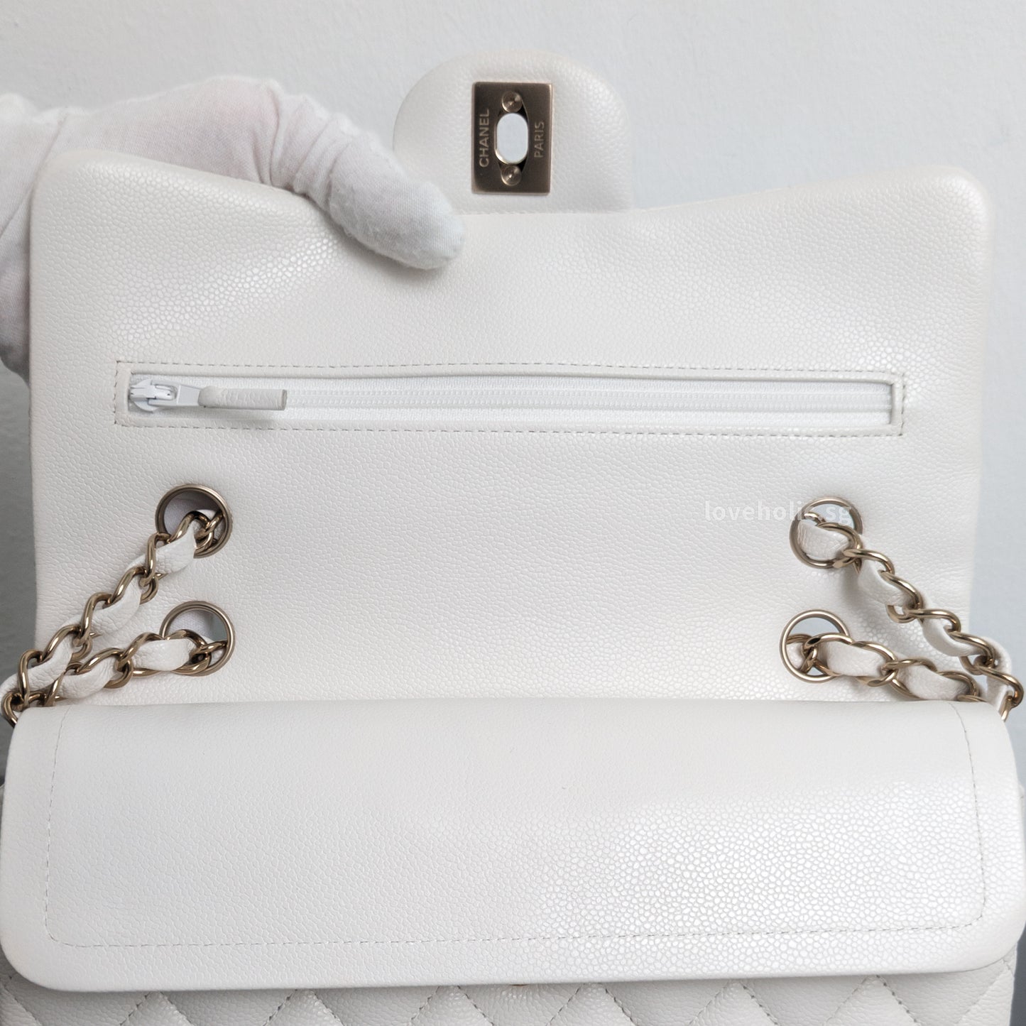 Classic Flap Small | White Caviar Light Gold Hardware