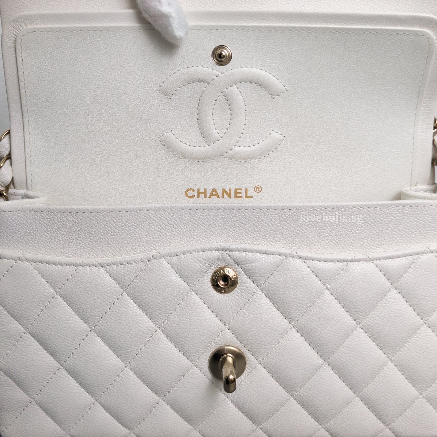 Classic Flap Small | White Caviar Light Gold Hardware