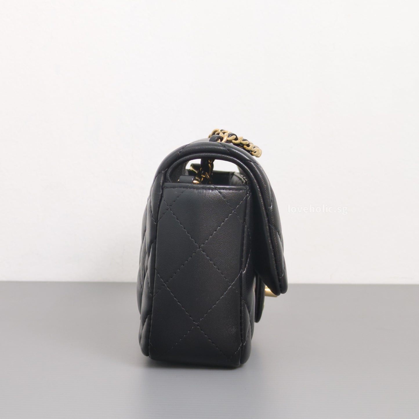 Chanel Mini Flap Bag 24K Black Lambskin Light Gold Hardware-details