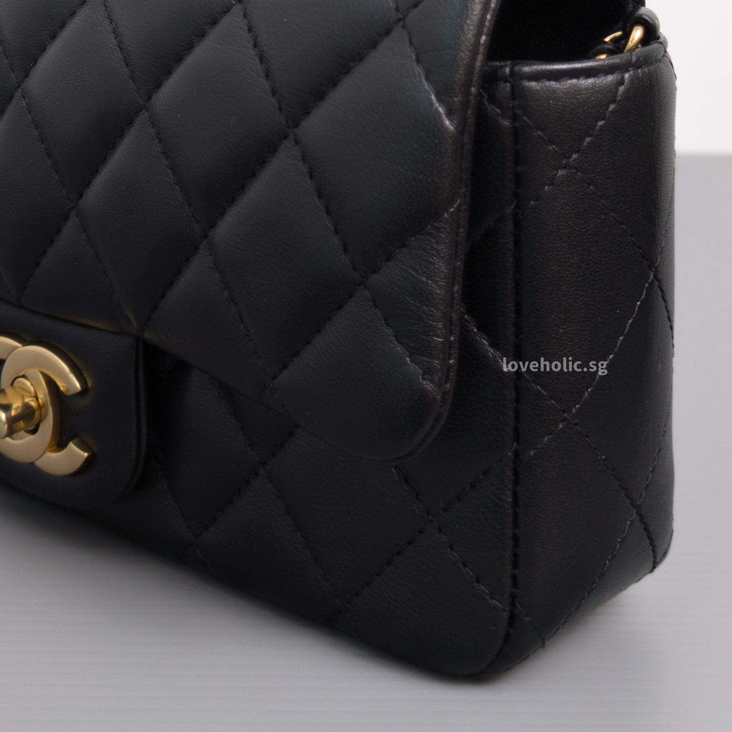 Chanel Mini Flap Bag 24K Black Lambskin Light Gold Hardware-details