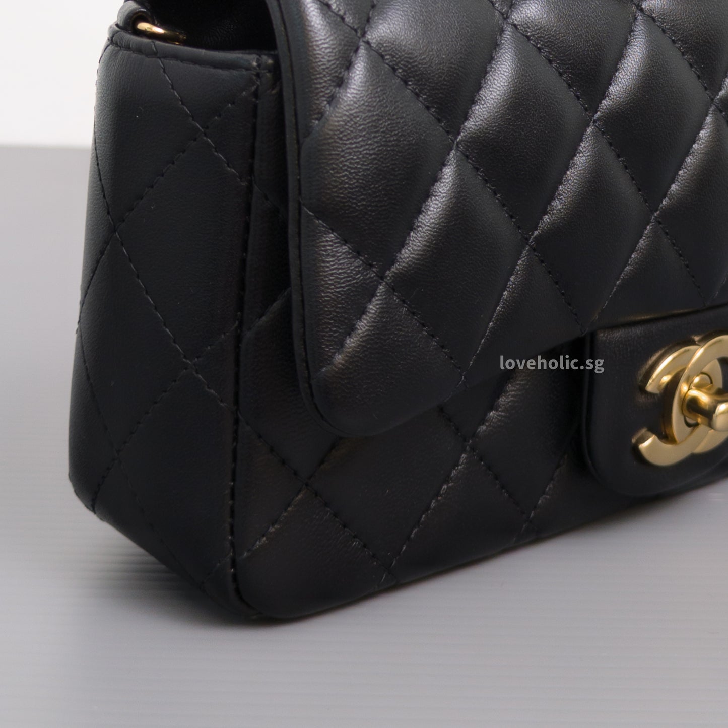 Chanel Mini Flap Bag 24K Black Lambskin Light Gold Hardware-details