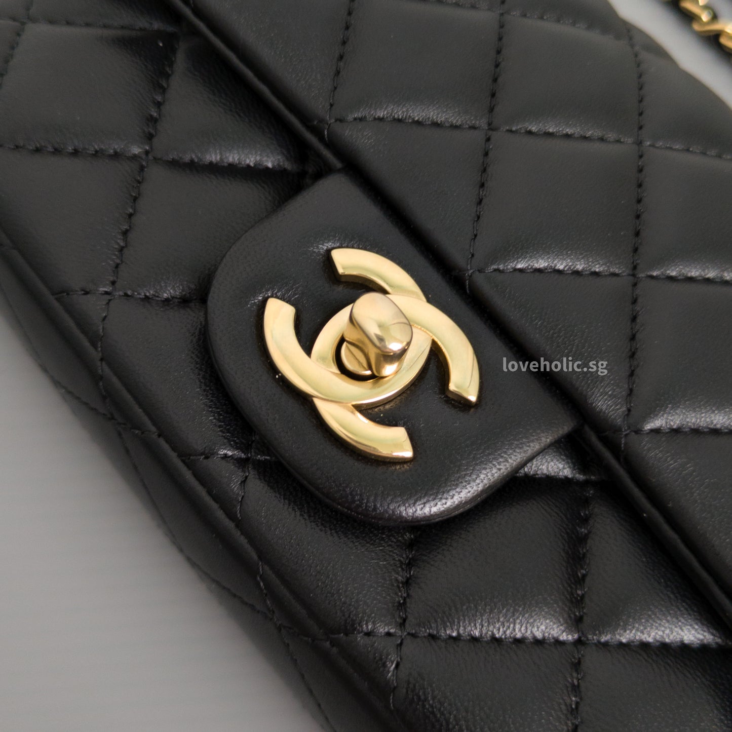 Chanel Mini Flap Bag 24K Black Lambskin Light Gold Hardware-details