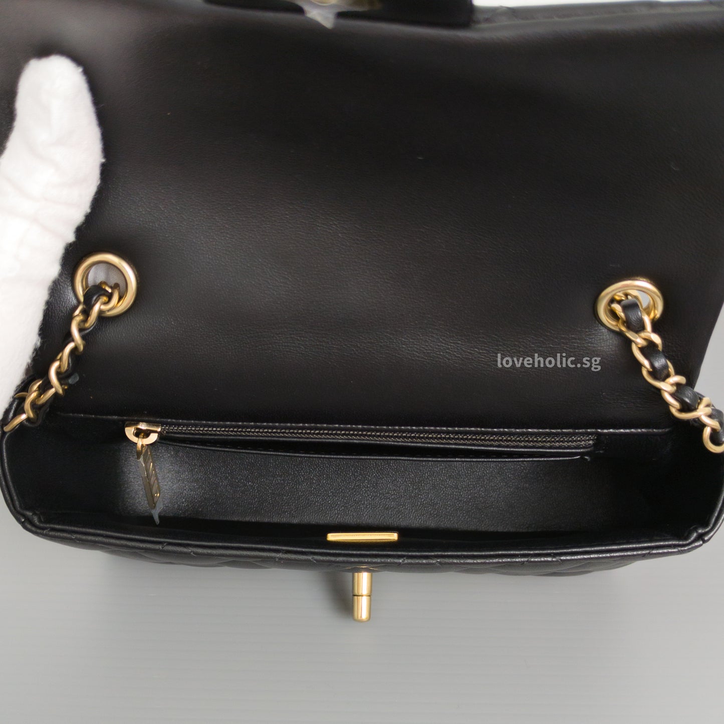 Chanel Mini Flap Bag 24K Black Lambskin Light Gold Hardware-details