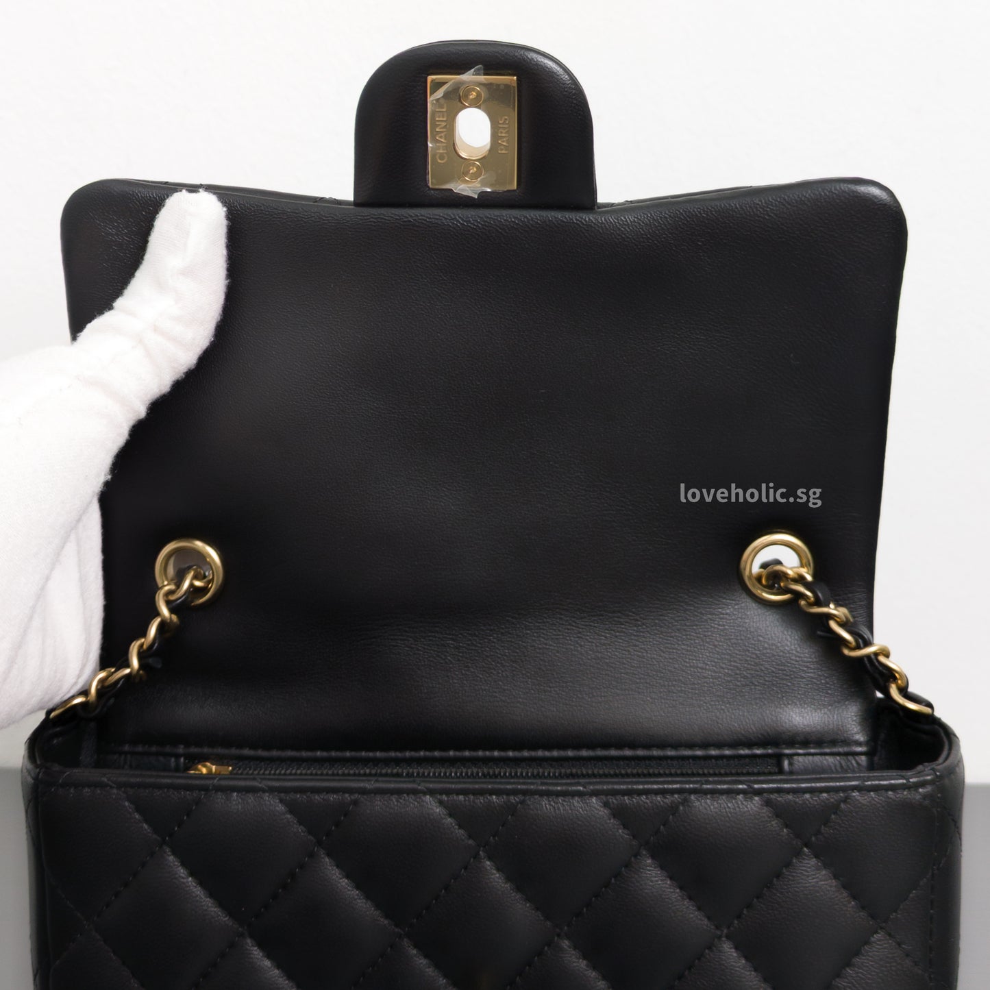 Chanel Mini Flap Bag 24K Black Lambskin Light Gold Hardware-details