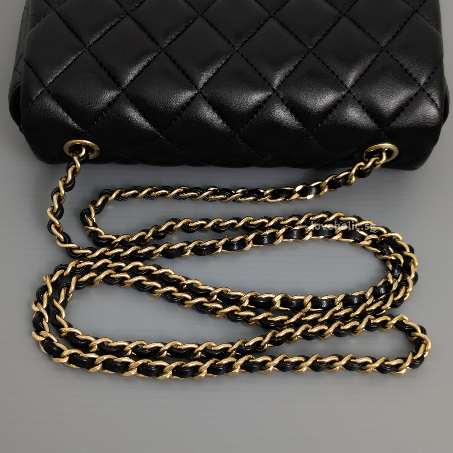 Chanel Mini Flap Bag 24K Black Lambskin Light Gold Hardware-details