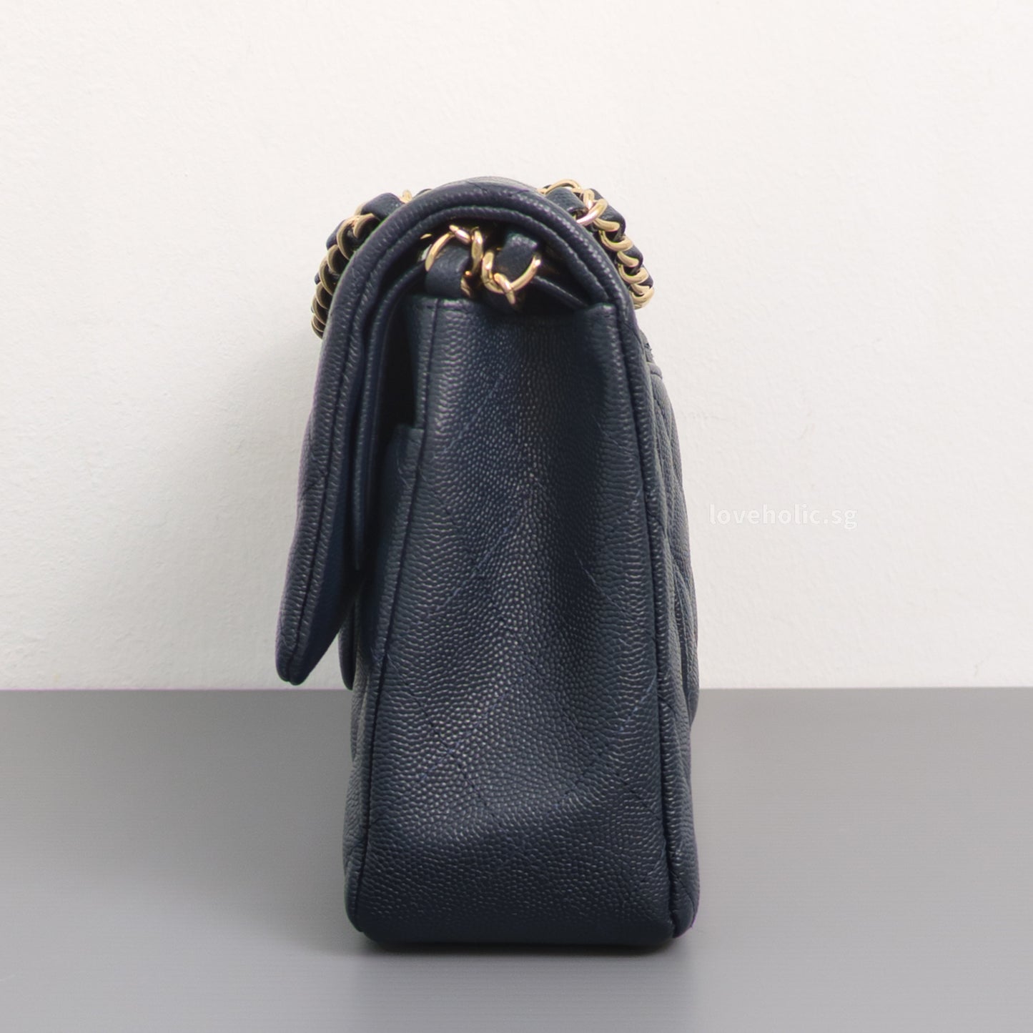 Chanel Classic Flap Medium | Midnight Blue Caviar Light Gold Hardware-details