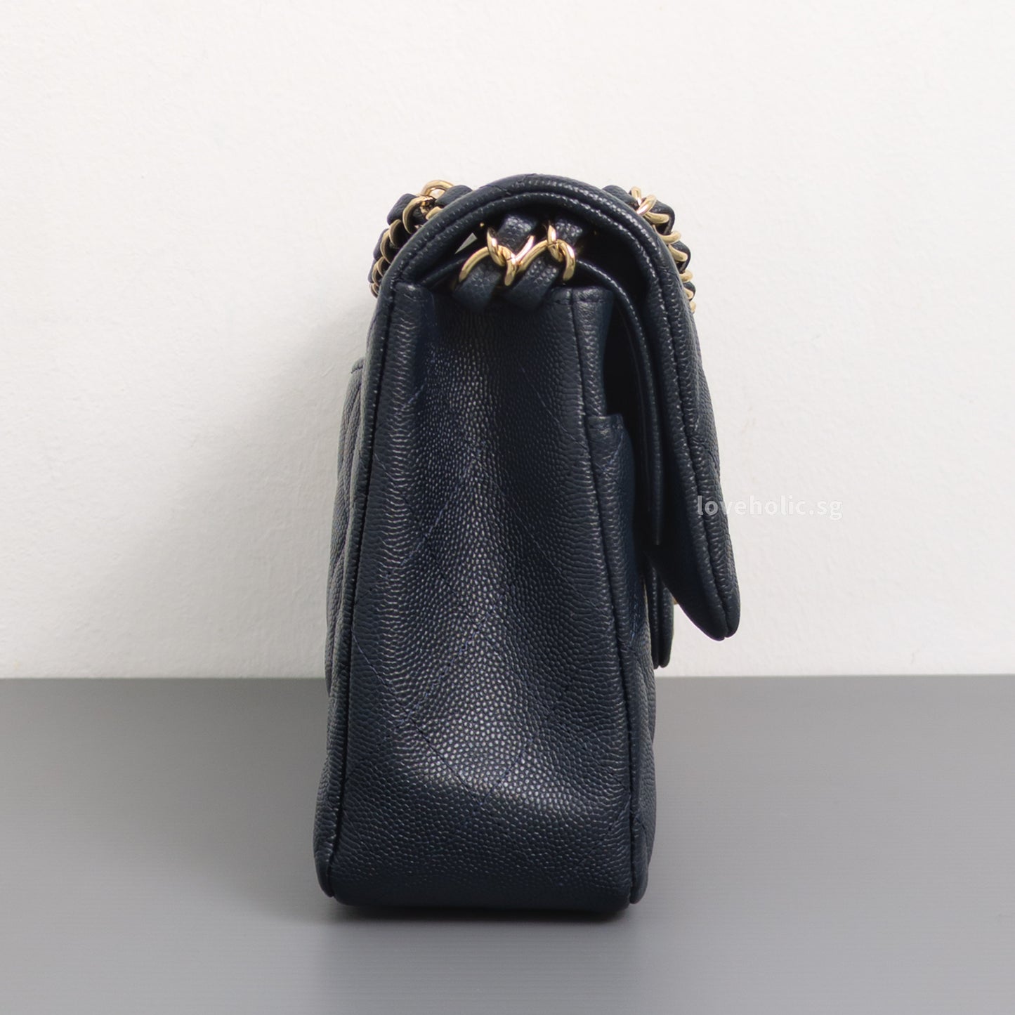 Chanel Classic Flap Medium | Midnight Blue Caviar Light Gold Hardware-details