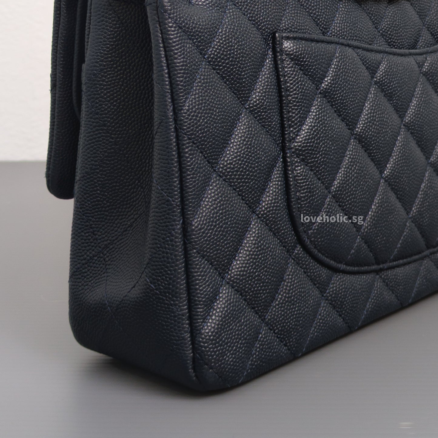 Chanel Classic Flap Medium | Midnight Blue Caviar Light Gold Hardware-details