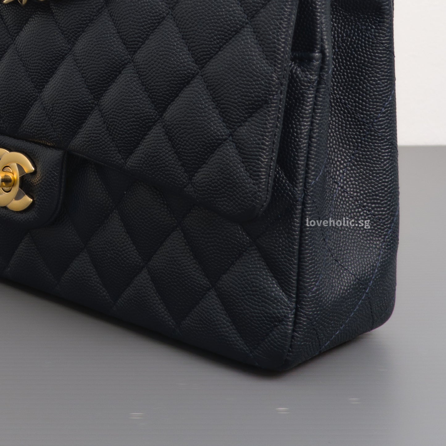Chanel Classic Flap Medium | Midnight Blue Caviar Light Gold Hardware-details