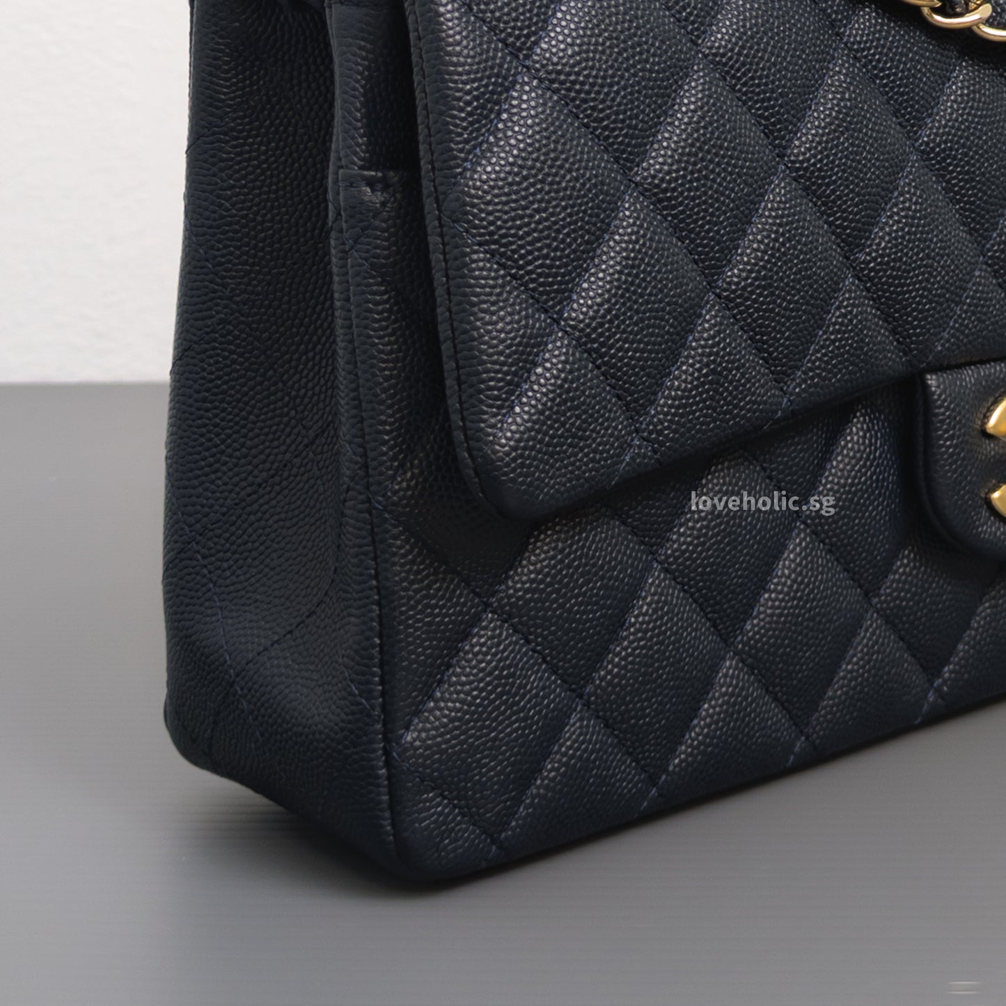 Chanel Classic Flap Medium | Midnight Blue Caviar Light Gold Hardware-details