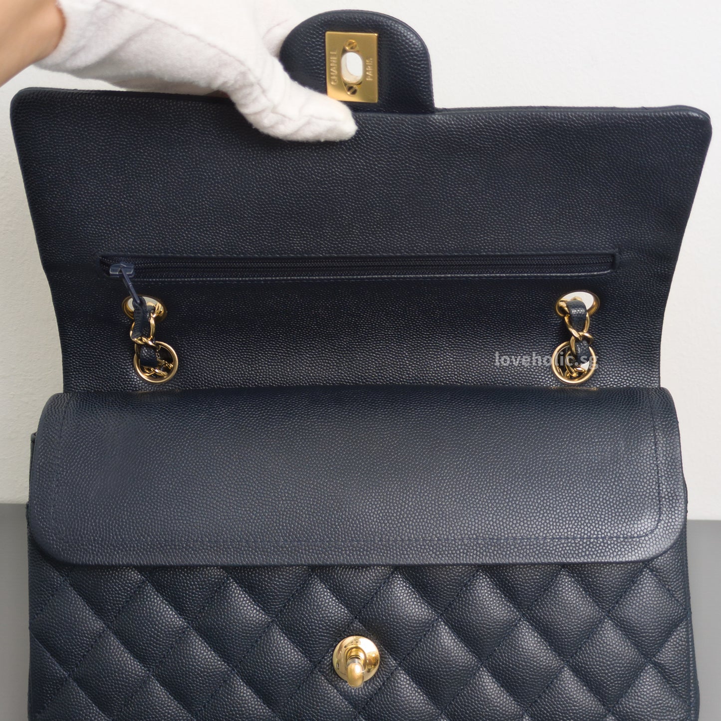 Chanel Classic Flap Medium | Midnight Blue Caviar Light Gold Hardware-details