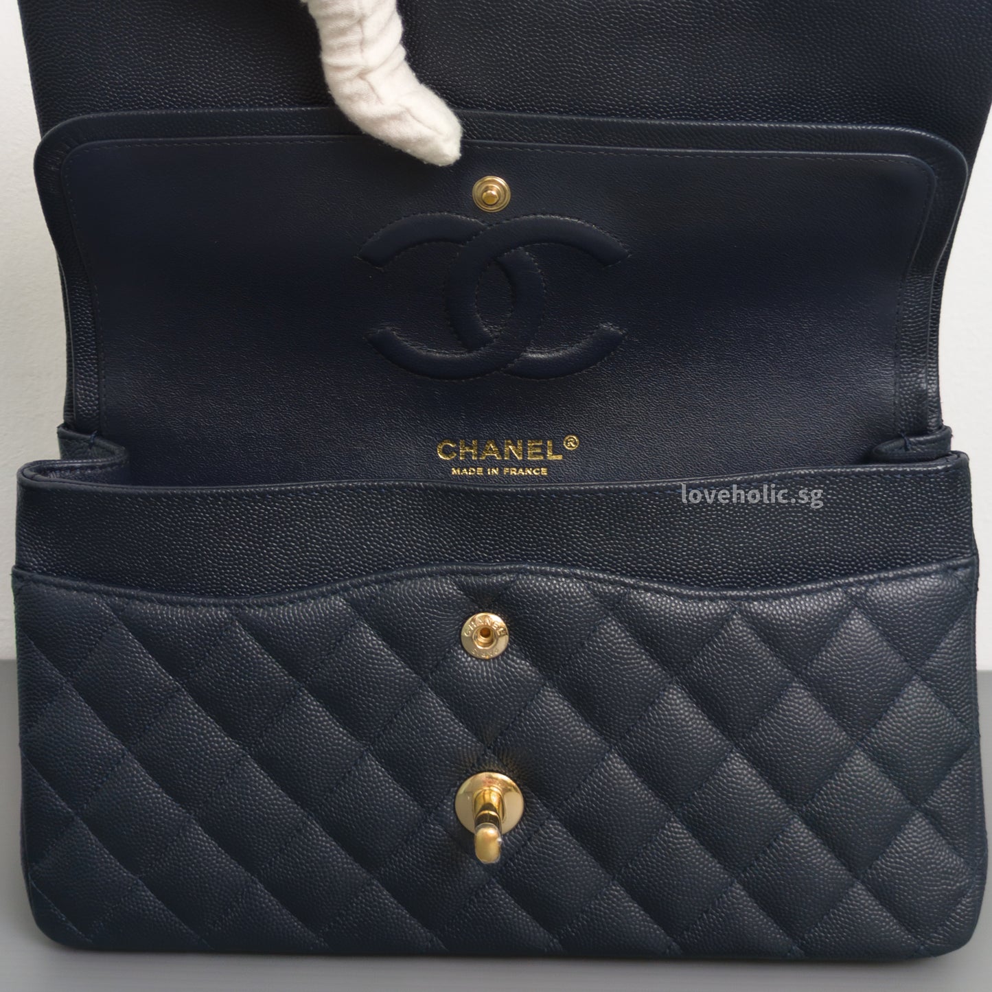 Chanel Classic Flap Medium | Midnight Blue Caviar Light Gold Hardware-details