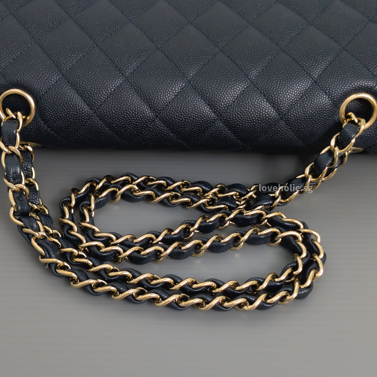 Chanel Classic Flap Medium | Midnight Blue Caviar Light Gold Hardware-details