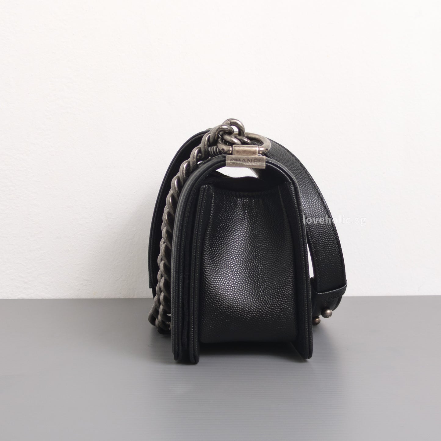 Chanel Boy Small | Black Caviar Ruthenium Hardware-side