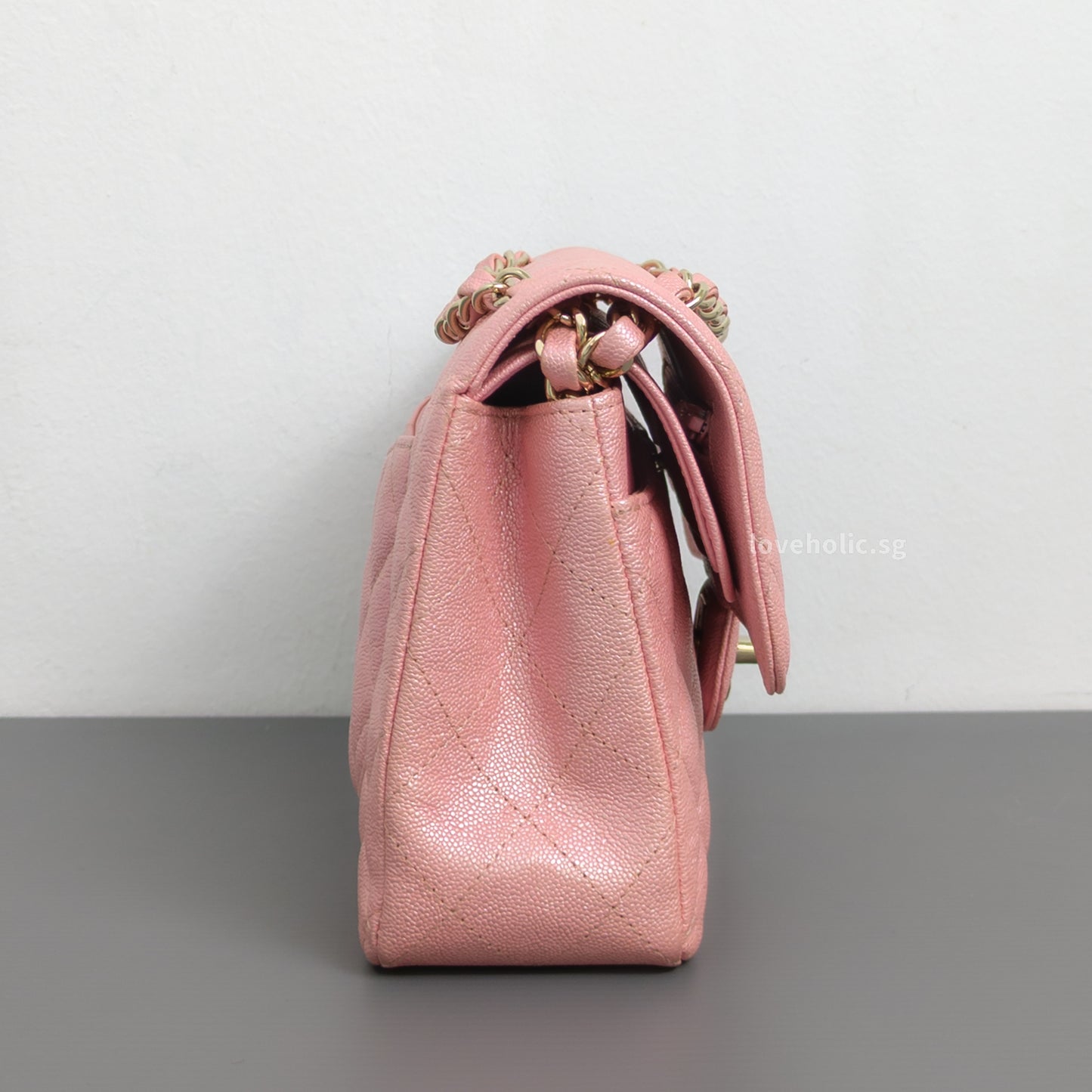 Chanel Classic Flap Small | 19S Iridescent Sakura Pink Caviar Light Gold Hardware-side