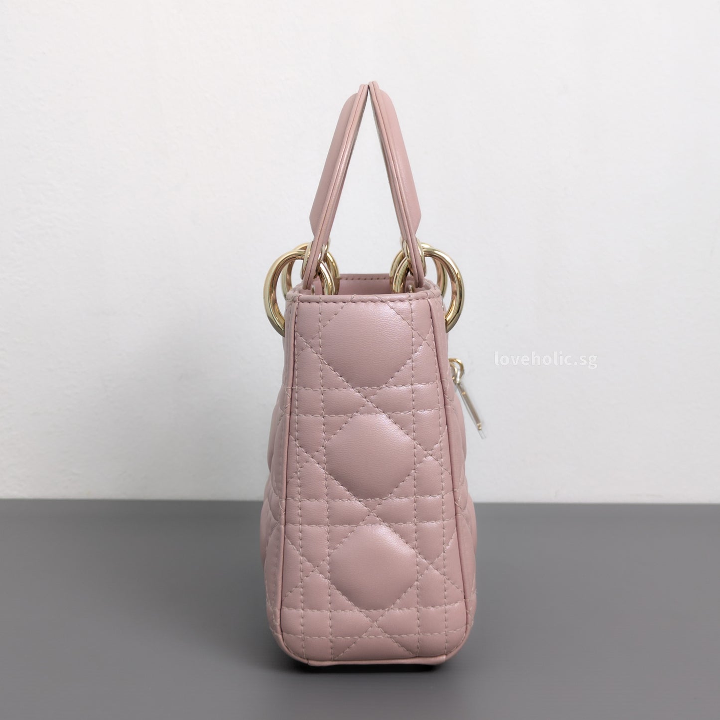 Dior Lady Dior Mini | Pearlescent Lotus Pink Lambskin Light Gold Hardware-side