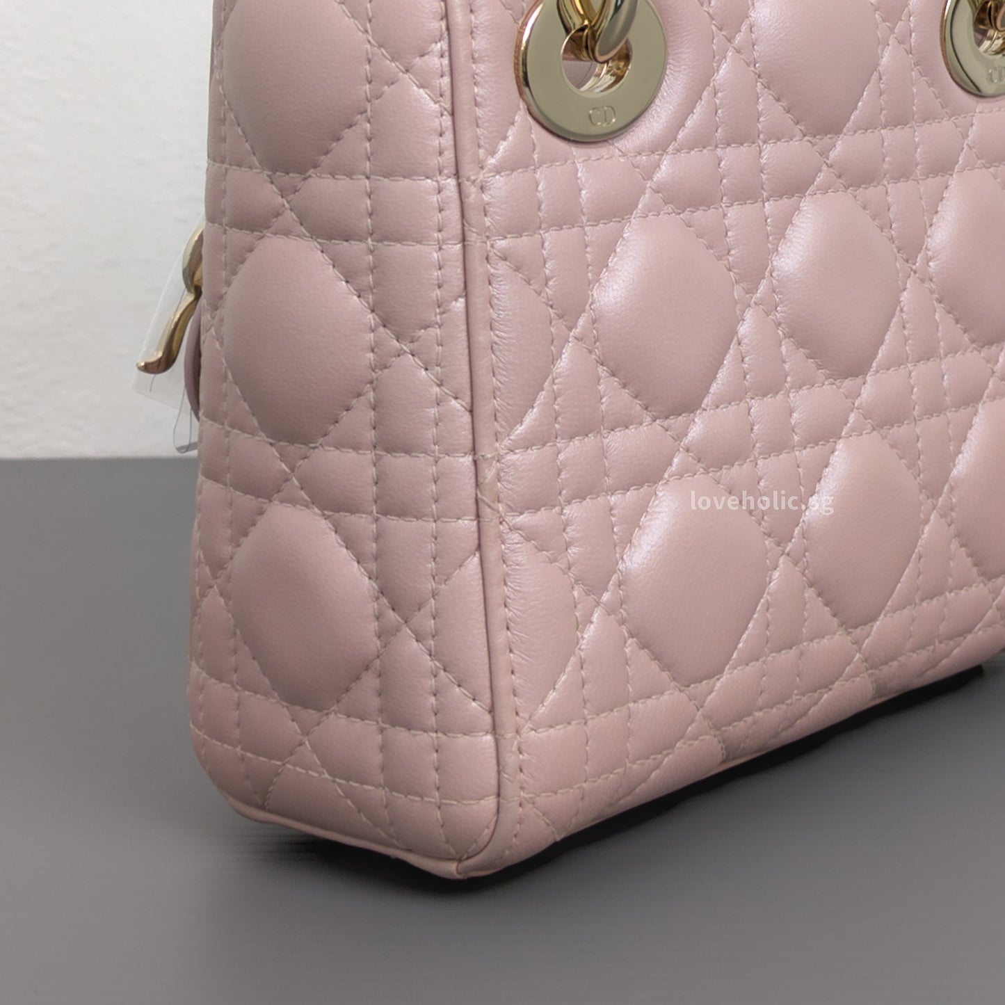 Dior Lady Dior Mini | Pearlescent Lotus Pink Lambskin Light Gold Hardware-details