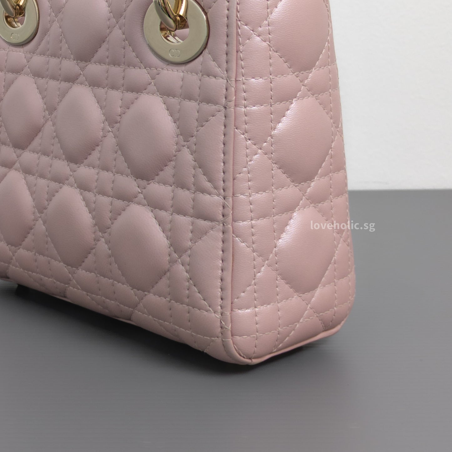 Dior Lady Dior Mini | Pearlescent Lotus Pink Lambskin Light Gold Hardware-details