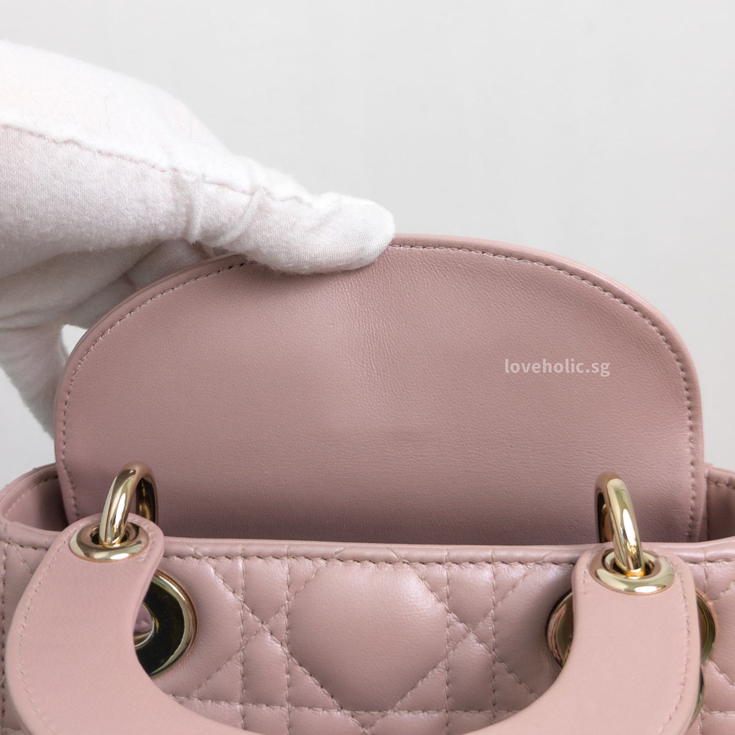 Dior Lady Dior Mini | Pearlescent Lotus Pink Lambskin Light Gold Hardware-details