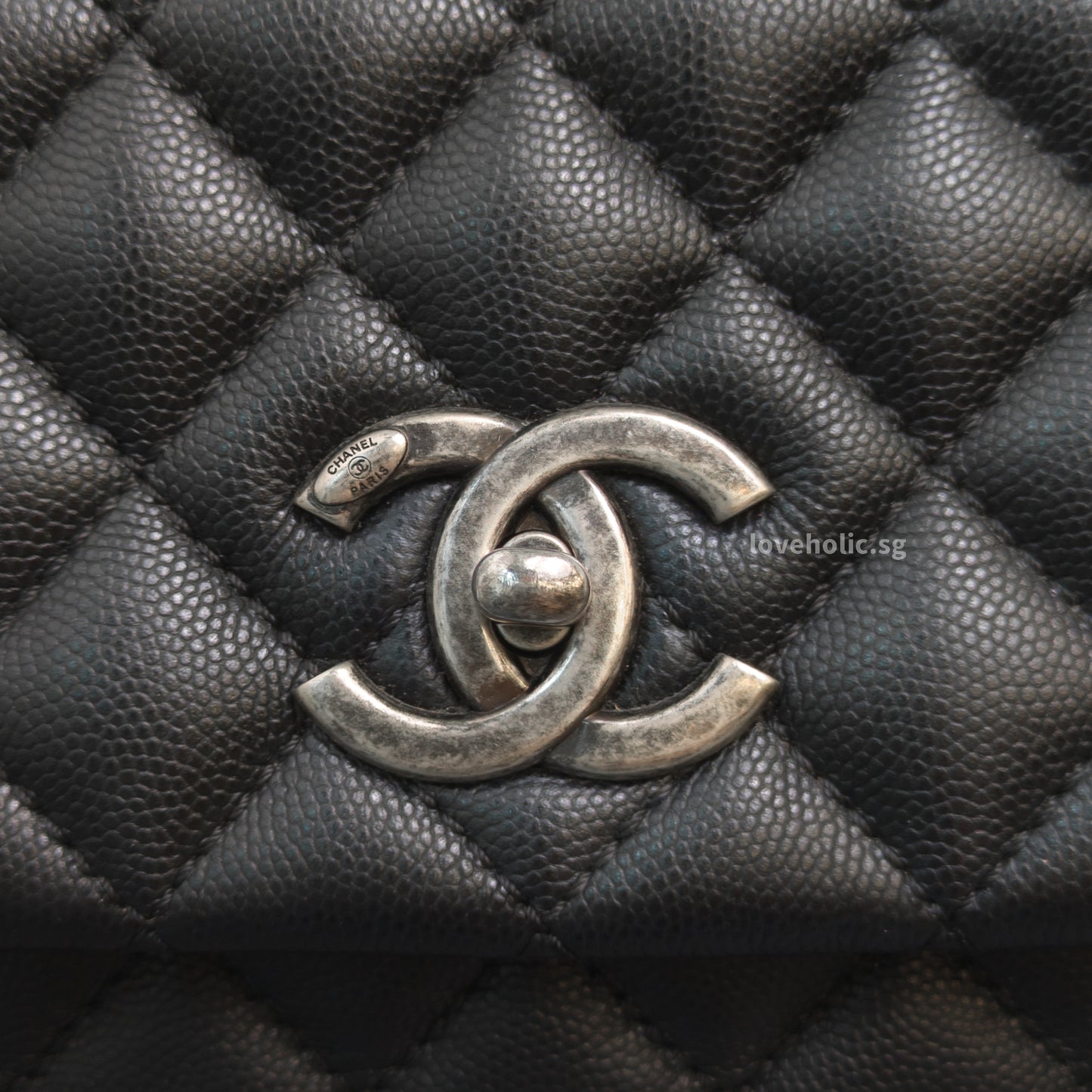 Chanel Coco Handle Large with Lizard Handle | Black Caviar Ruthenium Hardware-details