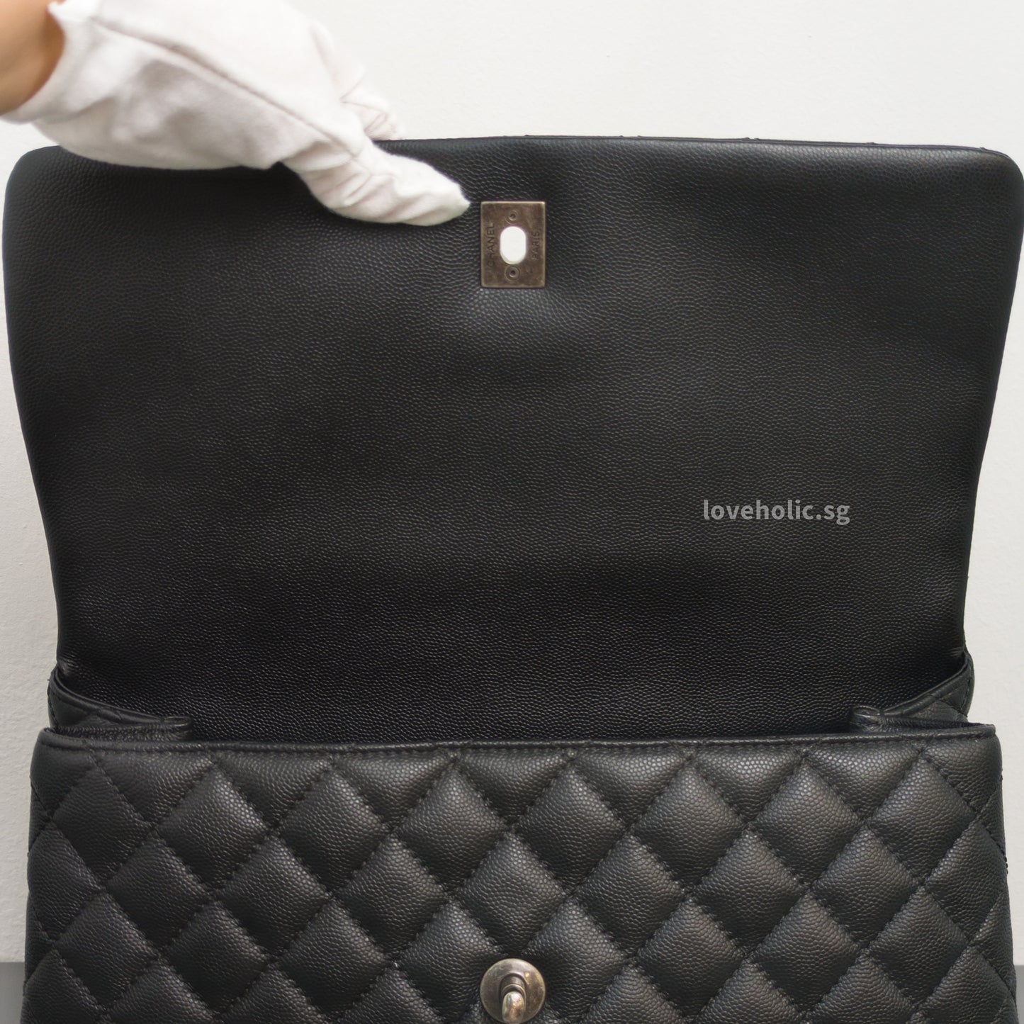 Chanel Coco Handle Large with Lizard Handle | Black Caviar Ruthenium Hardware-details