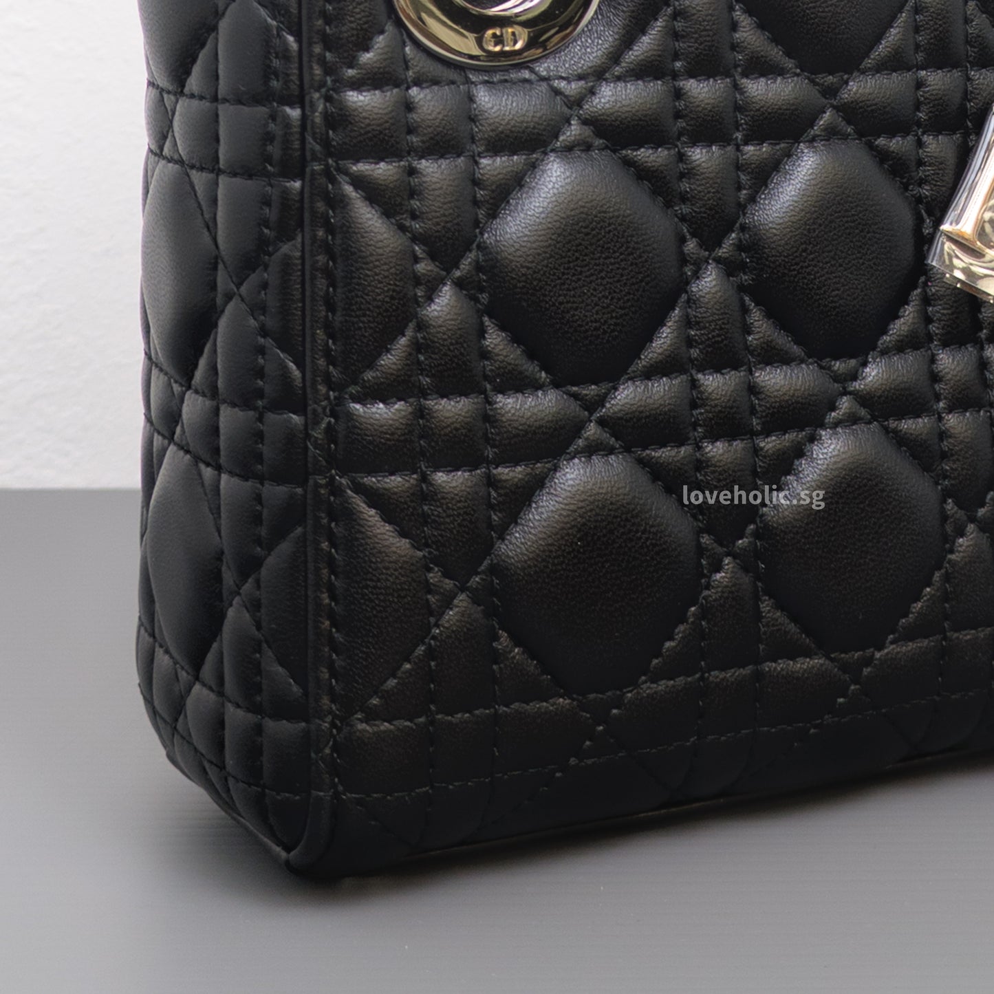 Dior Lady Dior Mini | Black Lambskin Silver Hardware-details