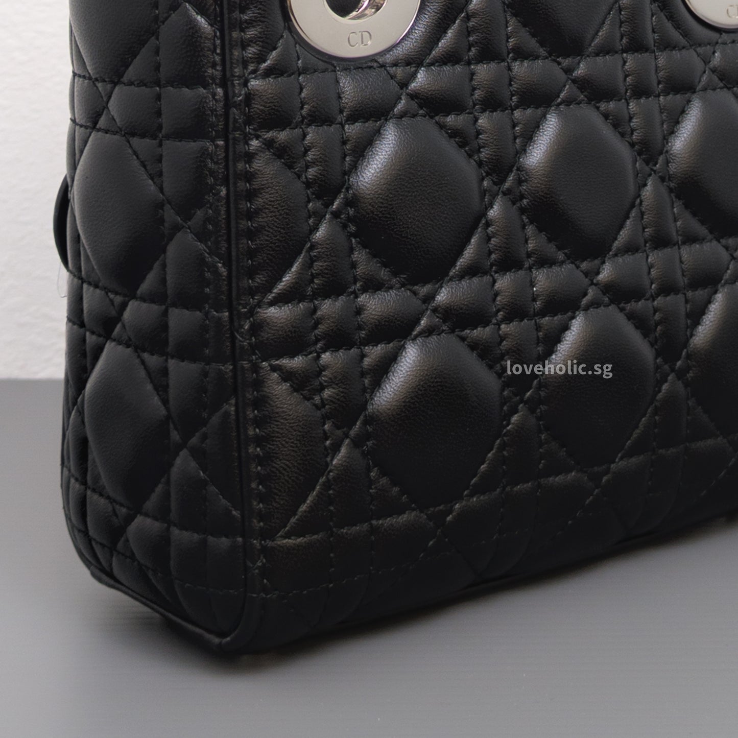 Dior Lady Dior Mini | Black Lambskin Silver Hardware-details