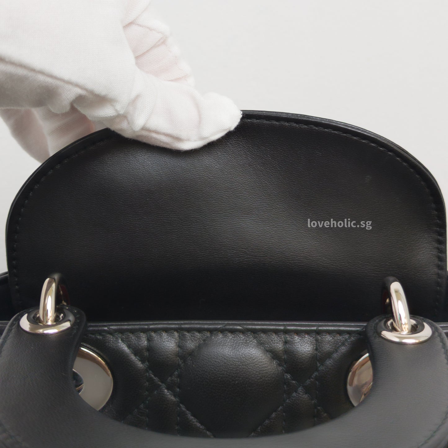 Dior Lady Dior Mini | Black Lambskin Silver Hardware-details