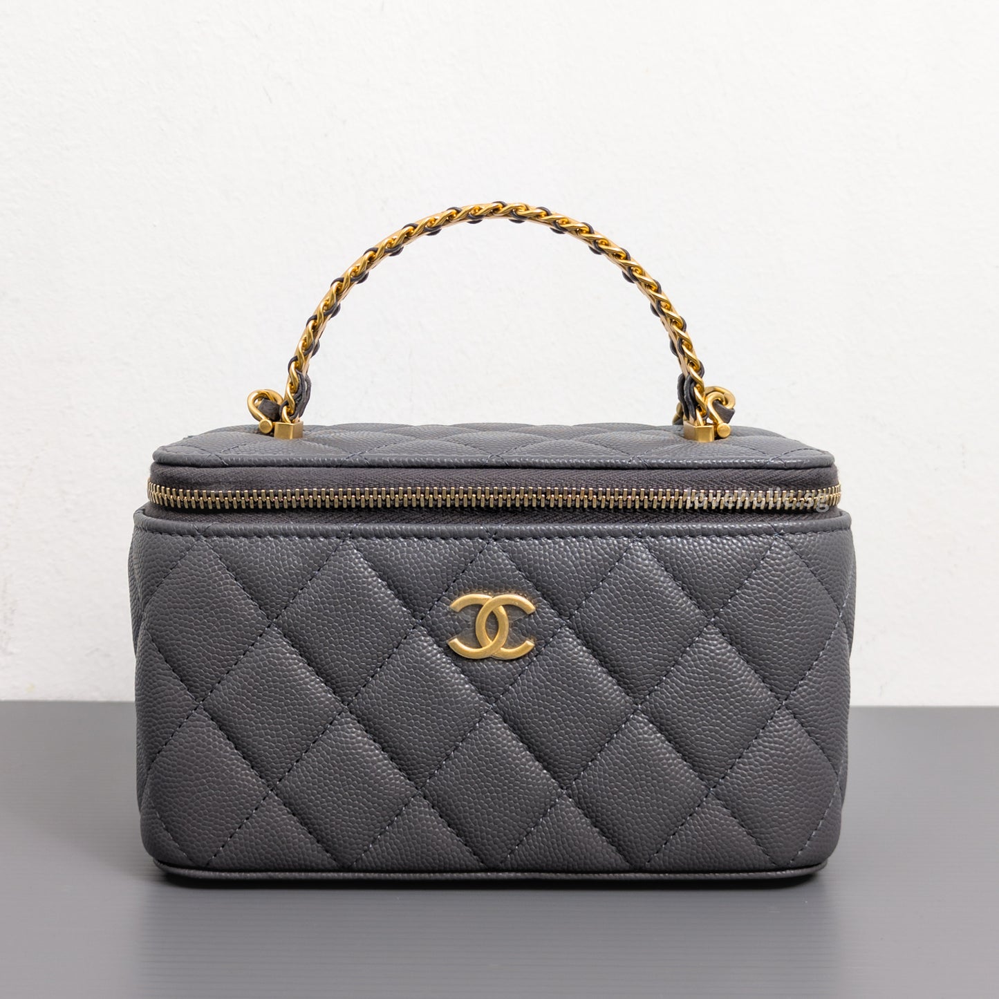 Chanel Top Handle Vanity On Chain 24A Grey Caviar Brushed Gold Hardware-front1