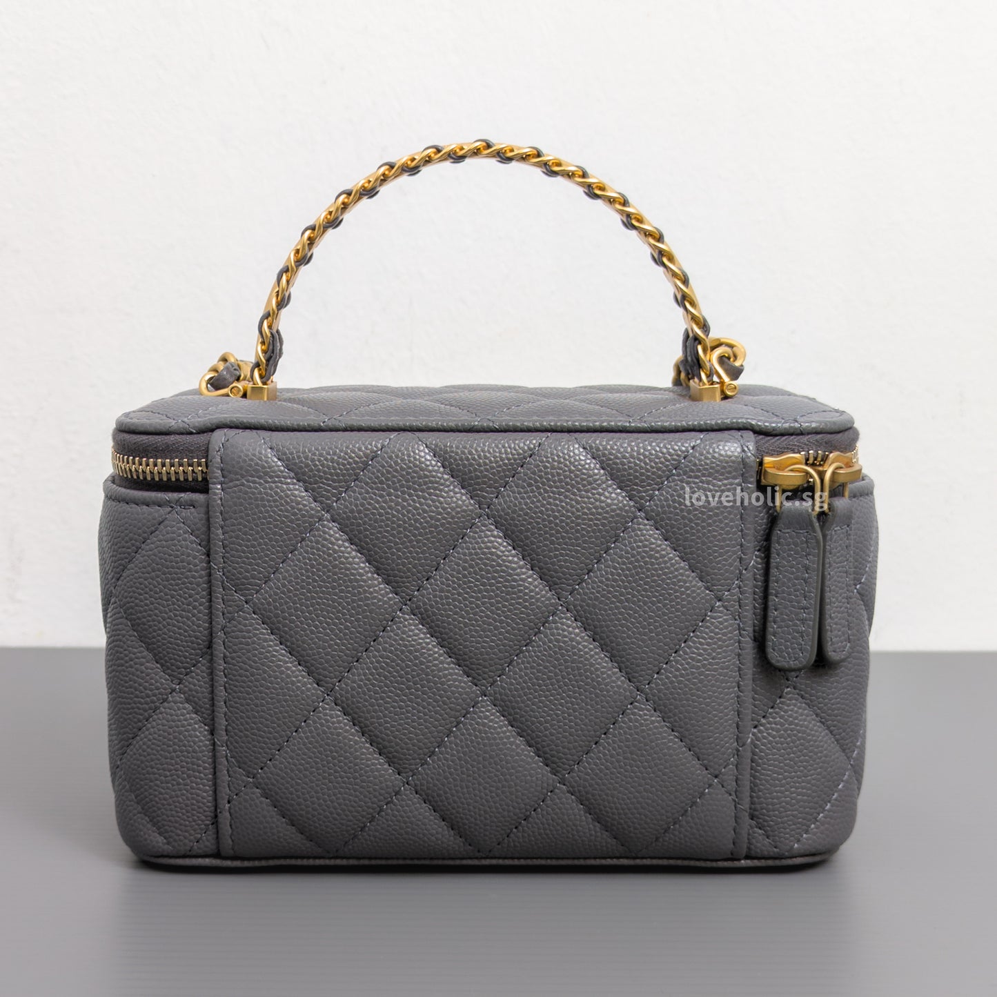 Chanel Top Handle Vanity On Chain 24A Grey Caviar Brushed Gold Hardware-side
