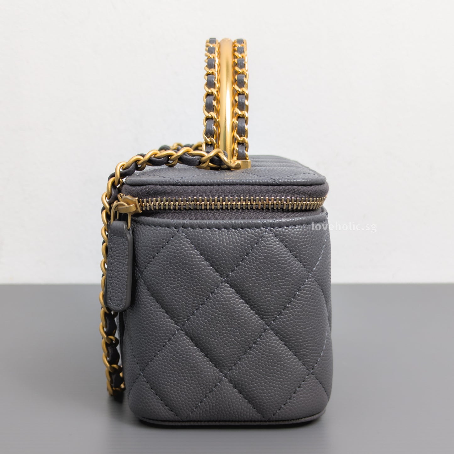 Chanel Top Handle Vanity On Chain 24A Grey Caviar Brushed Gold Hardware-details
