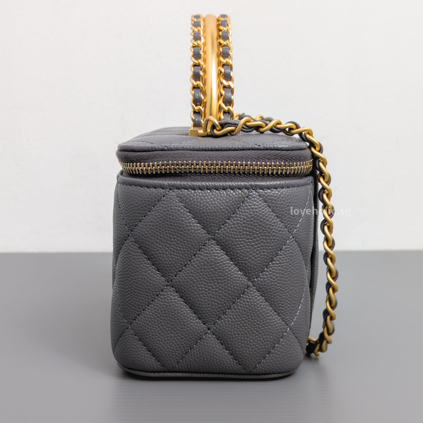 Chanel Top Handle Vanity On Chain 24A Grey Caviar Brushed Gold Hardware-details