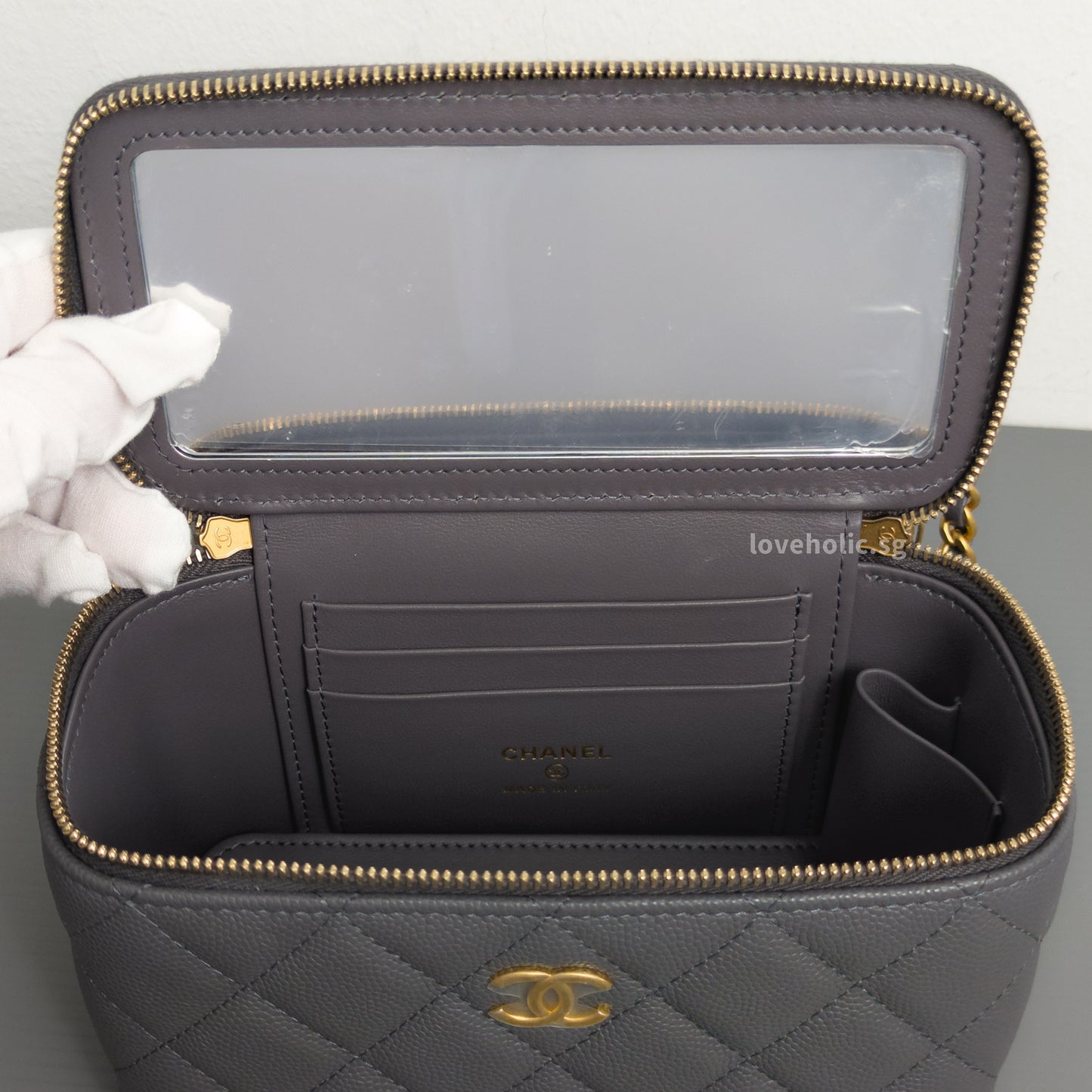 Chanel Top Handle Vanity On Chain 24A Grey Caviar Brushed Gold Hardware-details