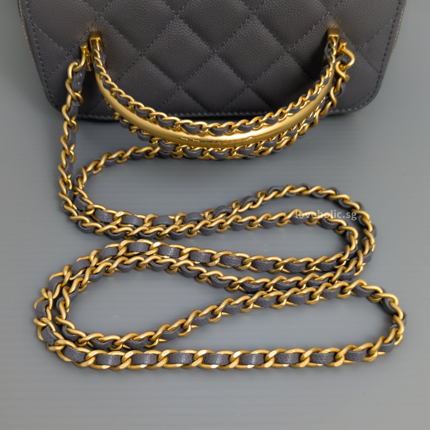 Chanel Top Handle Vanity On Chain 24A Grey Caviar Brushed Gold Hardware-details