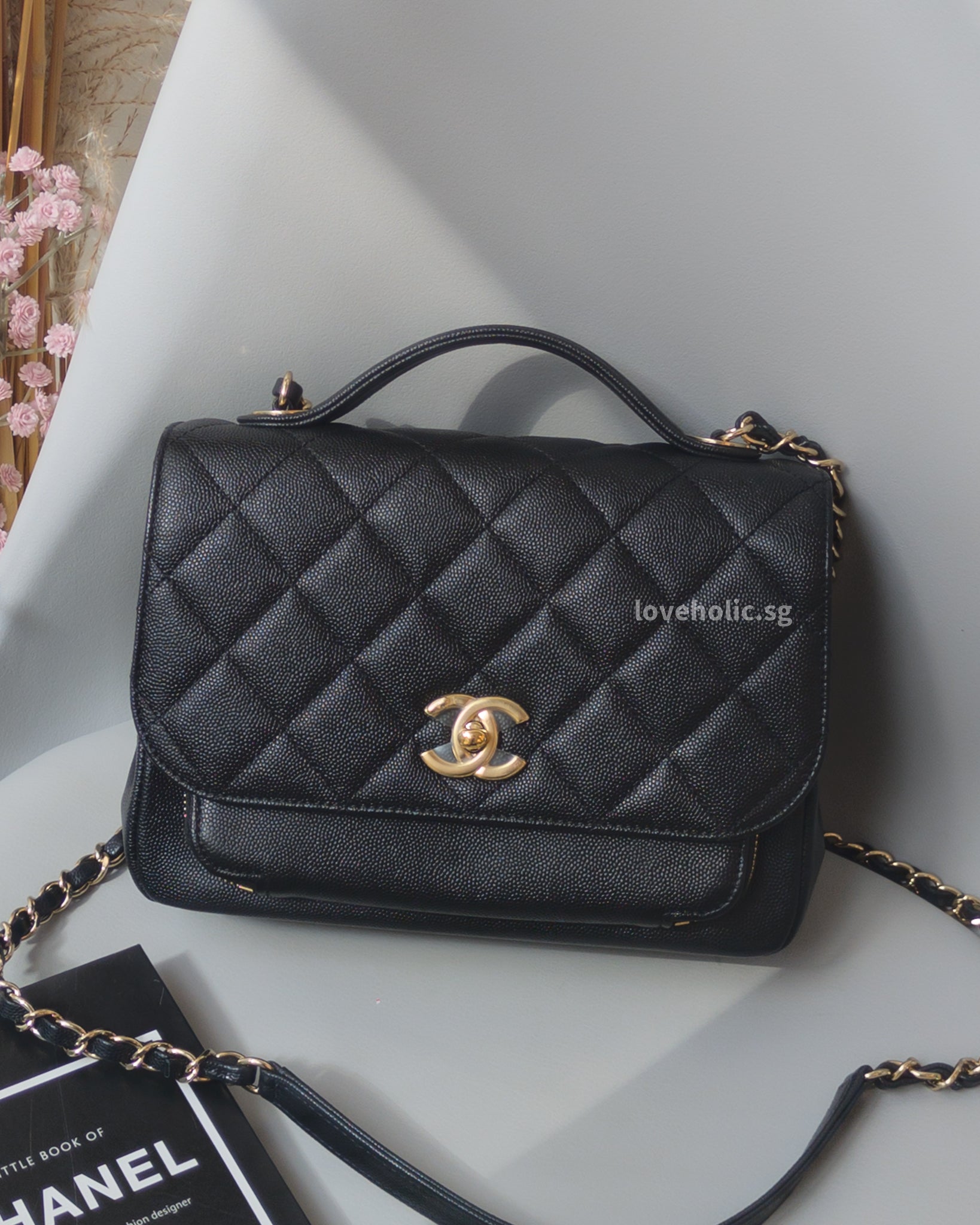 Business Affinity Flap Bag with Handle Medium Black Caviar Light