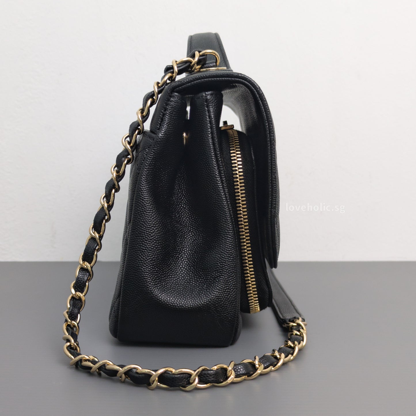 Chanel Business Affinity Flap Bag with Handle Medium | Black Caviar Light Gold Hardware-side