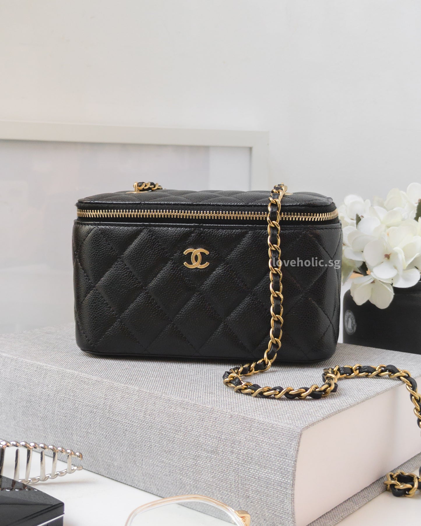 Chanel Vanity Bag with Chain Black Caviar Light Gold Hardware-front