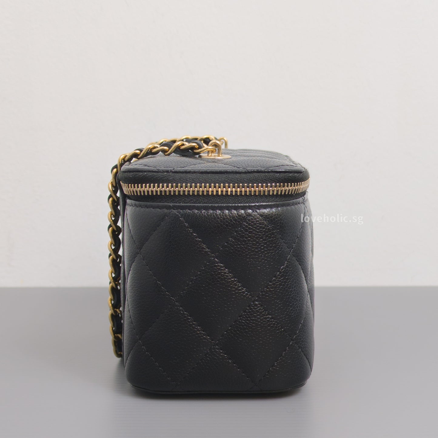 Chanel Vanity Bag with Chain Black Caviar Light Gold Hardware-side