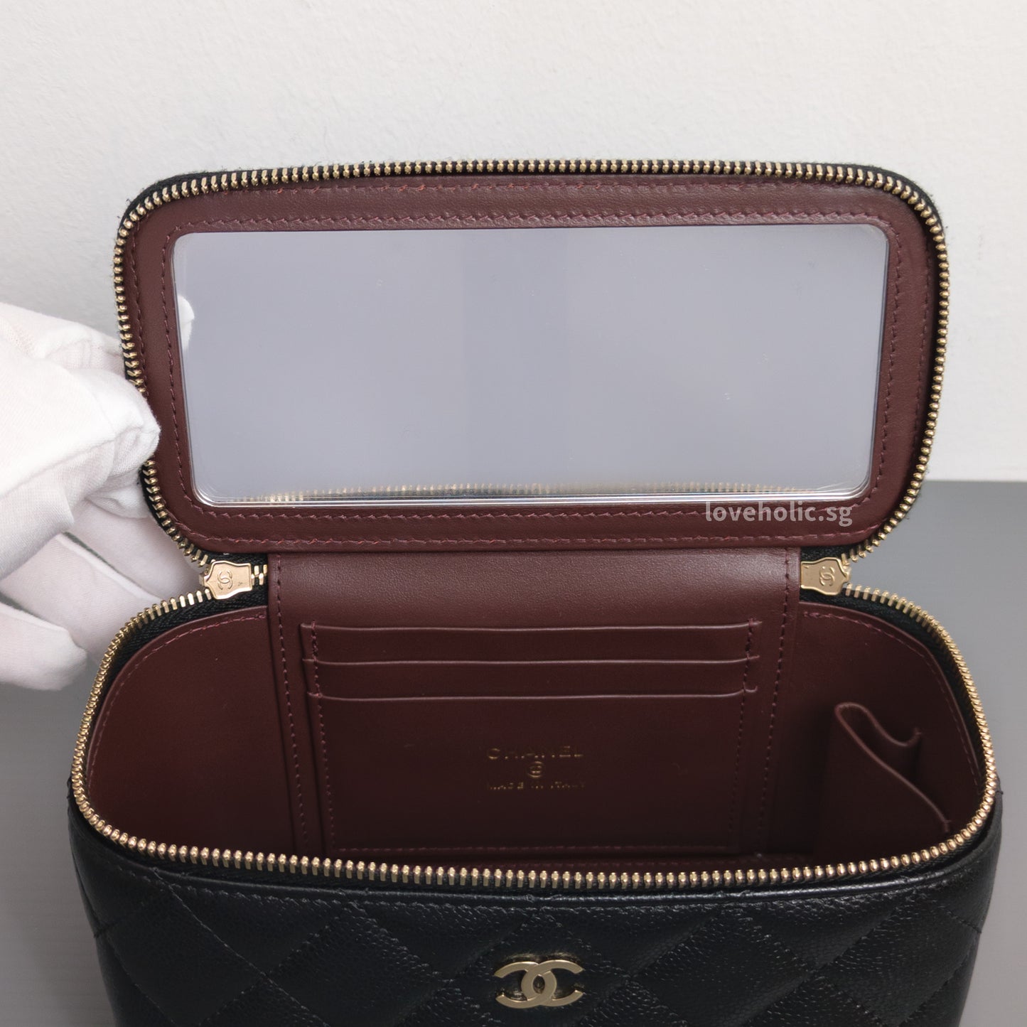 Chanel Vanity Bag with Chain Black Caviar Light Gold Hardware-details
