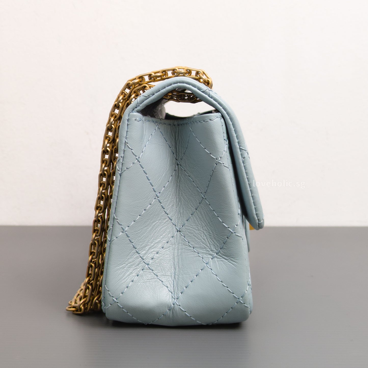 Chanel Reissue 2.55 Mini | Light Blue Calfskin Brushed Gold Hardware-side