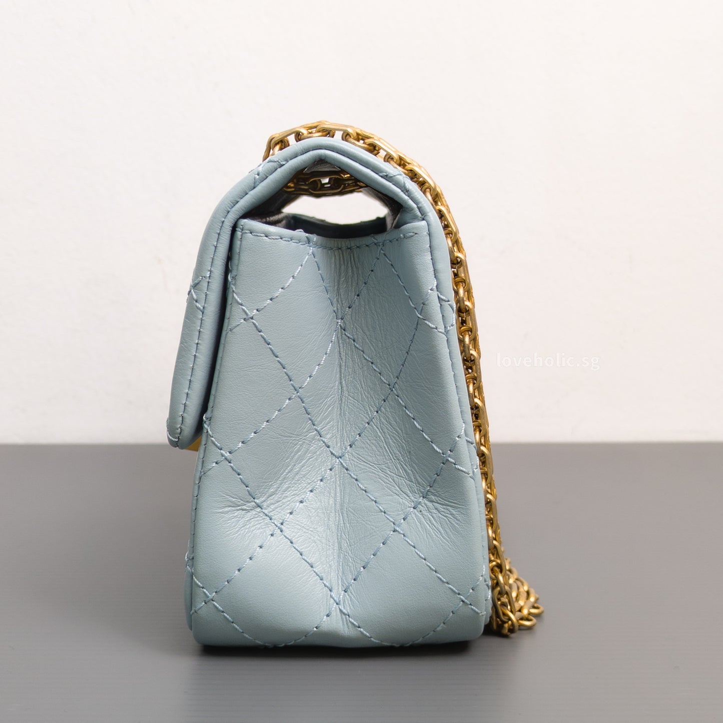 Chanel Reissue 2.55 Mini | Light Blue Calfskin Brushed Gold Hardware-details