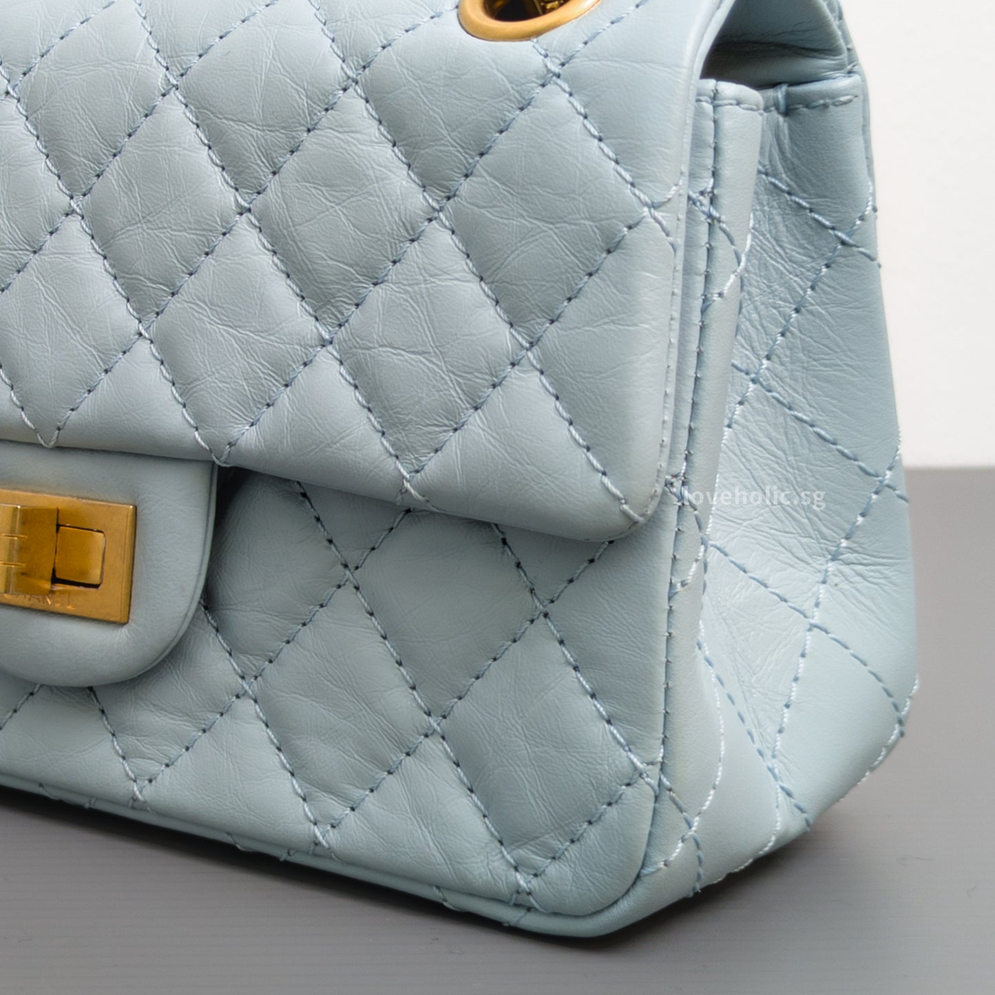Chanel Reissue 2.55 Mini | Light Blue Calfskin Brushed Gold Hardware-details