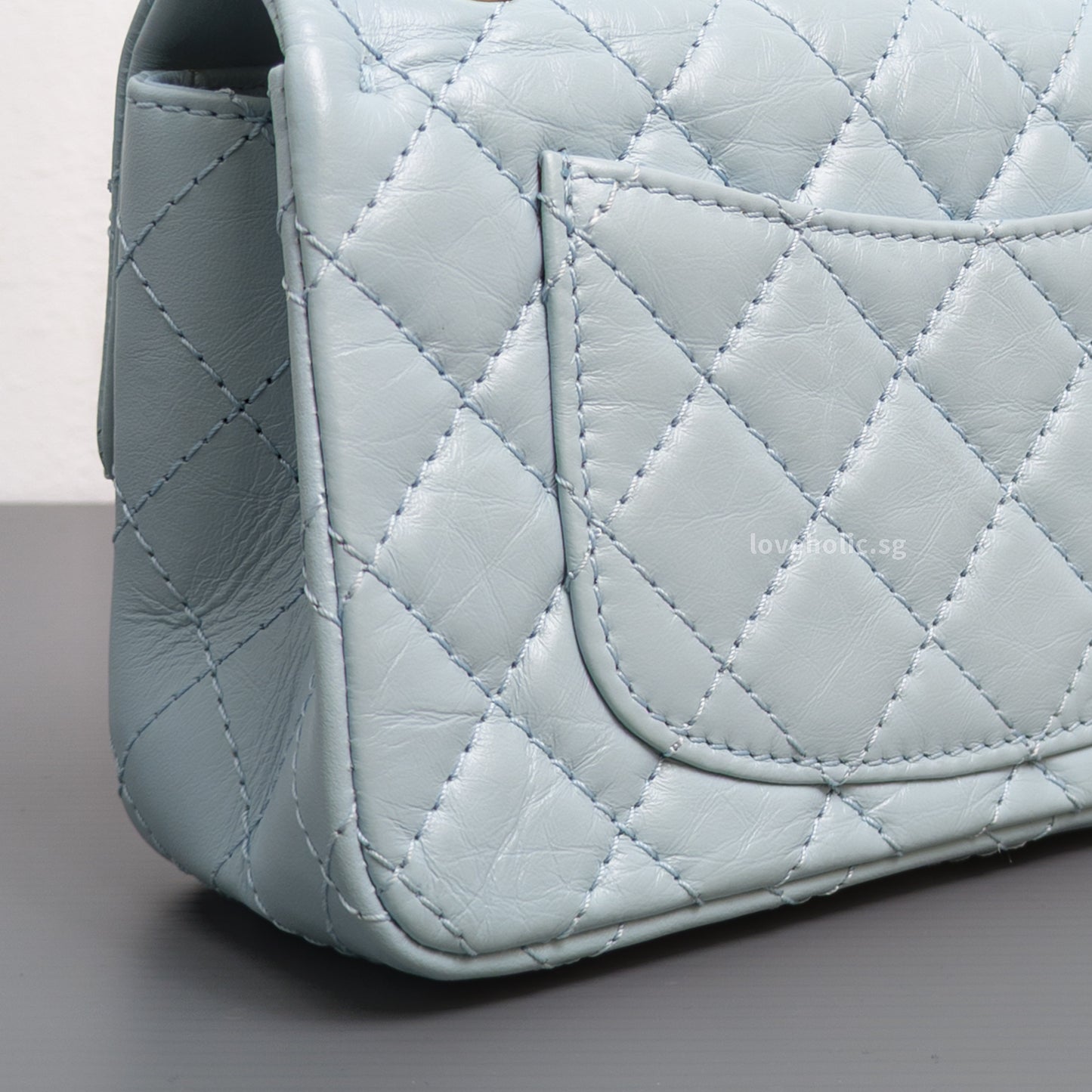 Chanel Reissue 2.55 Mini | Light Blue Calfskin Brushed Gold Hardware-details