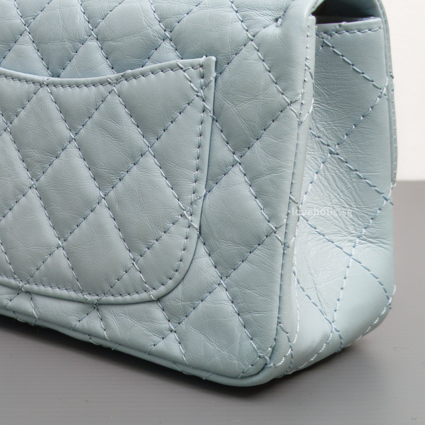Chanel Reissue 2.55 Mini | Light Blue Calfskin Brushed Gold Hardware-details