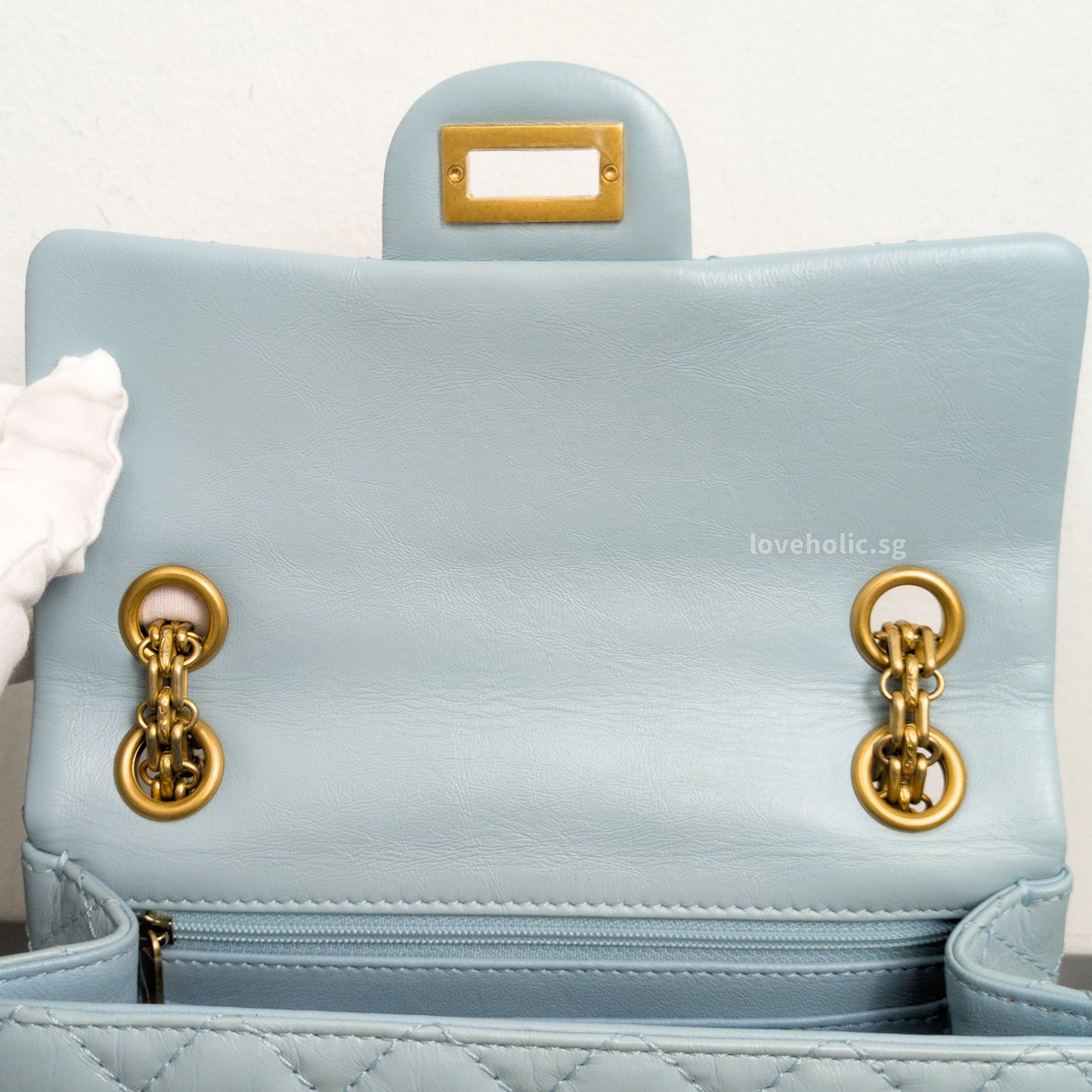 Chanel Reissue 2.55 Mini | Light Blue Calfskin Brushed Gold Hardware-details