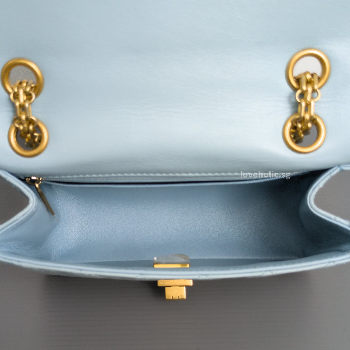 Chanel Reissue 2.55 Mini | Light Blue Calfskin Brushed Gold Hardware-details